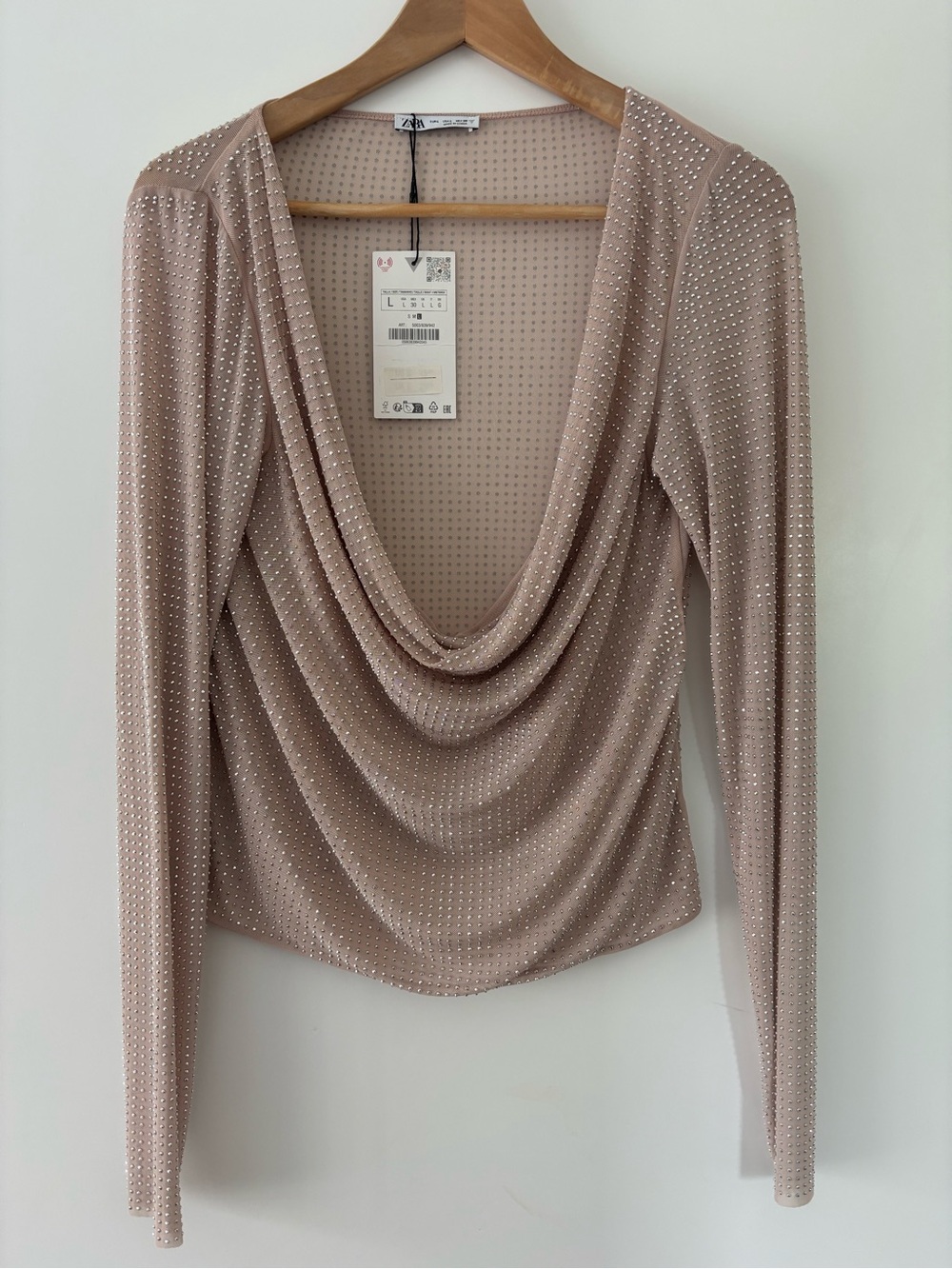 ZARA Nude Off-the-Shoulder Draped Long-Sleeve Sweater with Metallic Dots